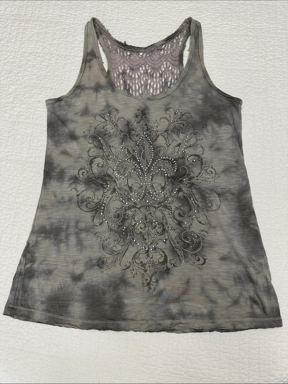 Maurice’s Y2K Medium Women's Gray Tie-Dye Lace-Back Tank Rhinestone